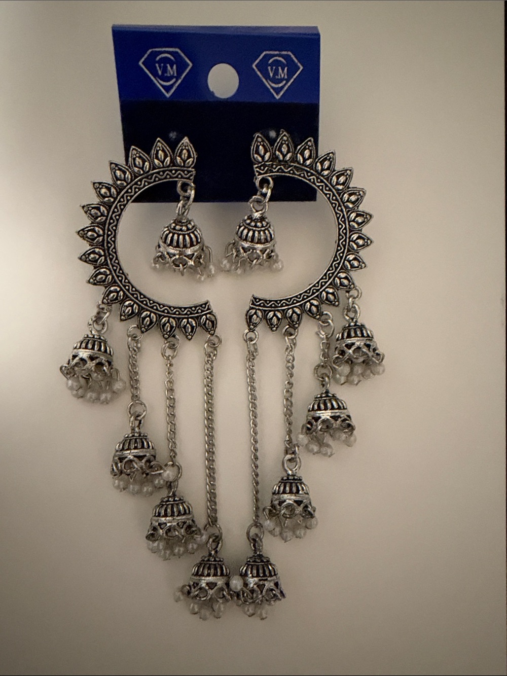 VM Silver Boho Floral Hoop Jhumka Earrings with Dangling Chains